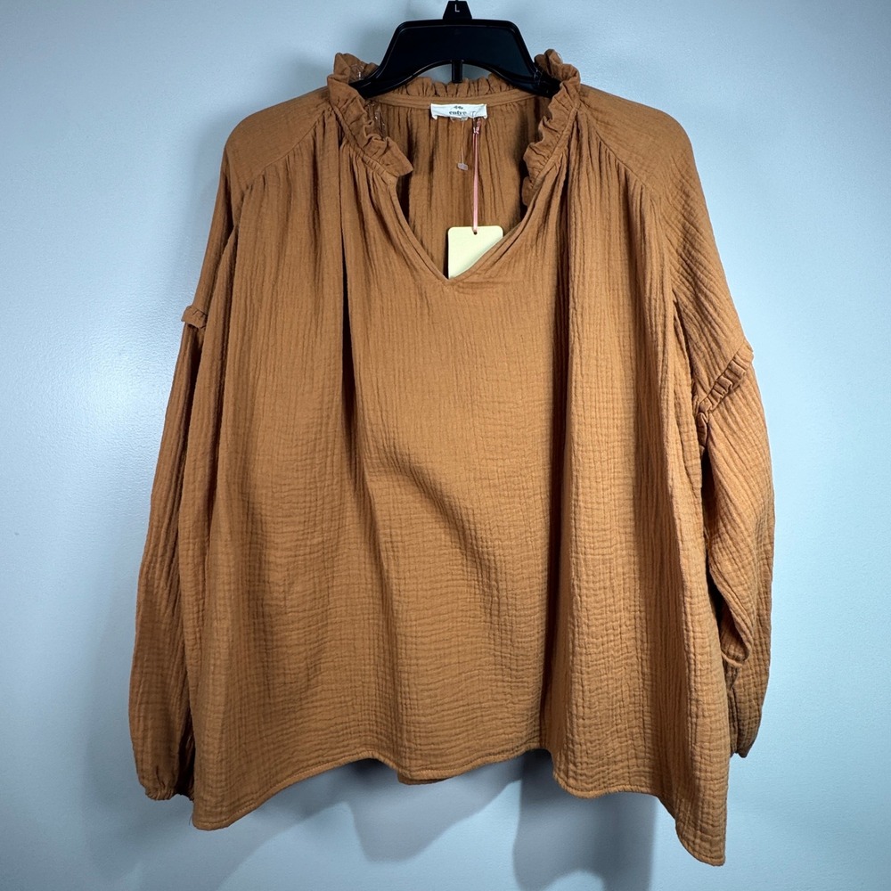 Entro Rust Orange Cotton Gauze Ruffle Neck Blouse Womens‎ M NWT Cottagecore Boho